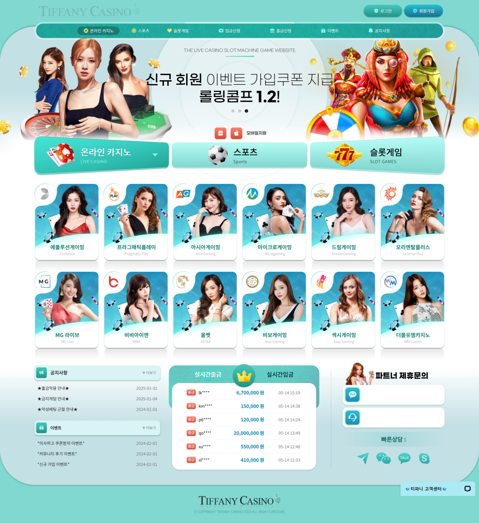 티파니카지노의 홈페이지 모습