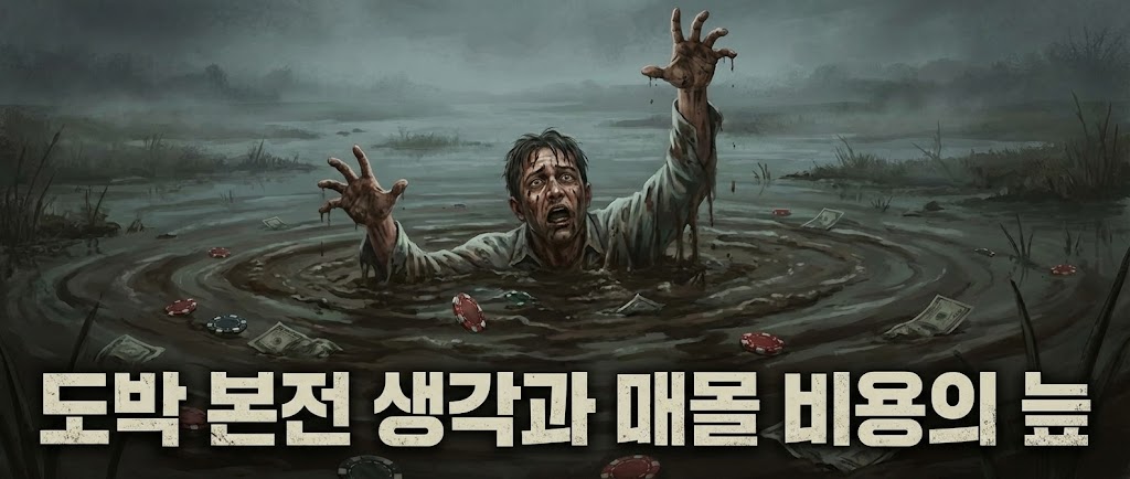 "어두운 늪에 빠져 필사적으로 허우적거리는 남자의 손과 그 주변에 무력하게 떠다니는 포커 칩과 지폐들. 하단에 '도박 본전 생각과 매몰 비용의 늪'이라는 굵은 경고 문구가 적힌 일러스트 배너"
