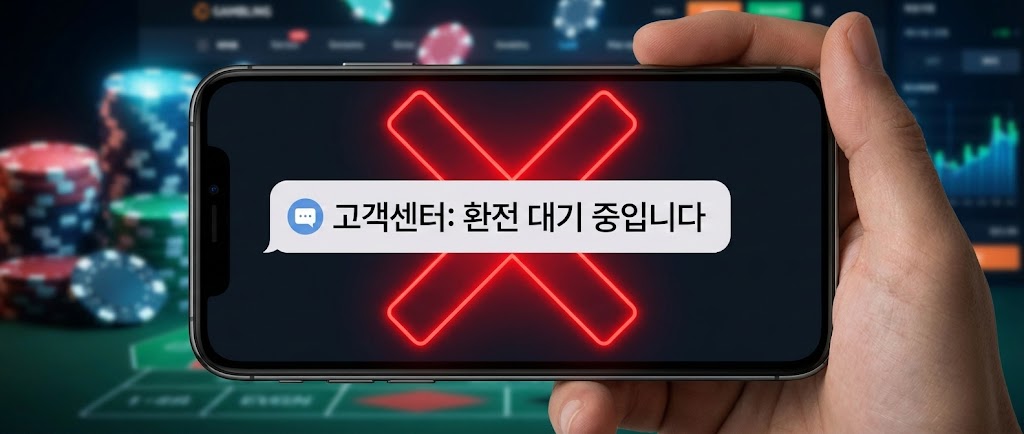 "스마트폰 화면에 '고객센터: 환전 대기 중입니다'라는 메시지 알림과 함께 불길한 붉은색 X(거절/차단) 표시가 겹쳐진 실사 합성 이미지. 먹튀 전조 증상인 고의적인 환전 지연과 계정 차단 위험을 경고하는 배너"