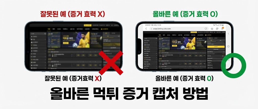 "스마트폰 브라우저 캡처 비교 배너. 좌측은 URL 주소창과 상단 시간바가 잘려 정보 확인이 불가능한 잘못된 캡처(X), 우측은 사이트 주소(URL)와 현재 시간이 포함된 전체 화면이 선명하게 보이는 '올바른 먹튀 증거 캡처 방법(O)'을 보여주는 이미지"