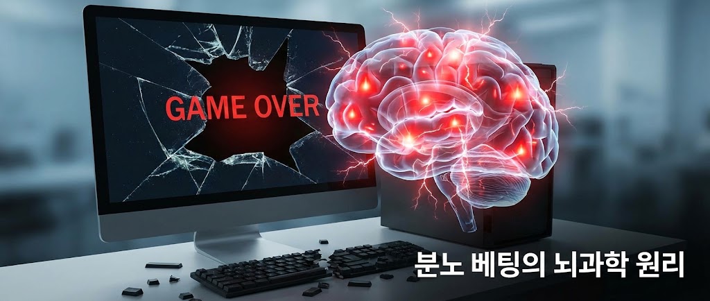 "깨진 컴퓨터 모니터에 'GAME OVER' 문구가 표시되고, 그 옆에 붉은색 경고등이 켜진 투명한 뇌 이미지가 오버랩되어 '분노 베팅의 뇌과학 원리'를 설명하는 페이지 배너"