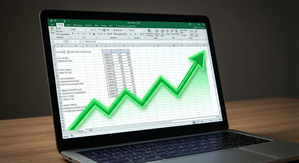 "노트북 화면에 켈리 공식이 적용된 복잡한 수식의 엑셀(Excel) 시트가 띄워져 있고, 그 위로 밝은 초록색의 가파른 우상향 수익 그래프가 그려진 모습을 담은 실사 배너 이미지"