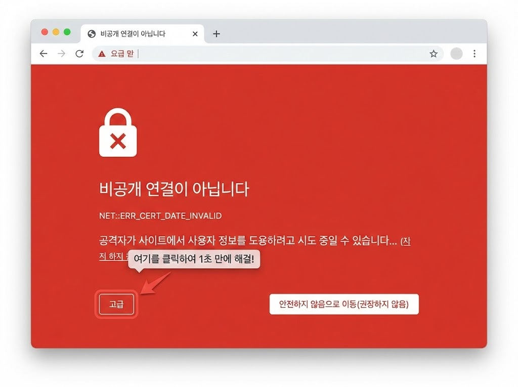 "크롬 비공개 연결이 아닙니다 오류 화면에서 고급 버튼을 클릭하여 1초 만에 해결하는 방법을 안내하는 스크린샷"