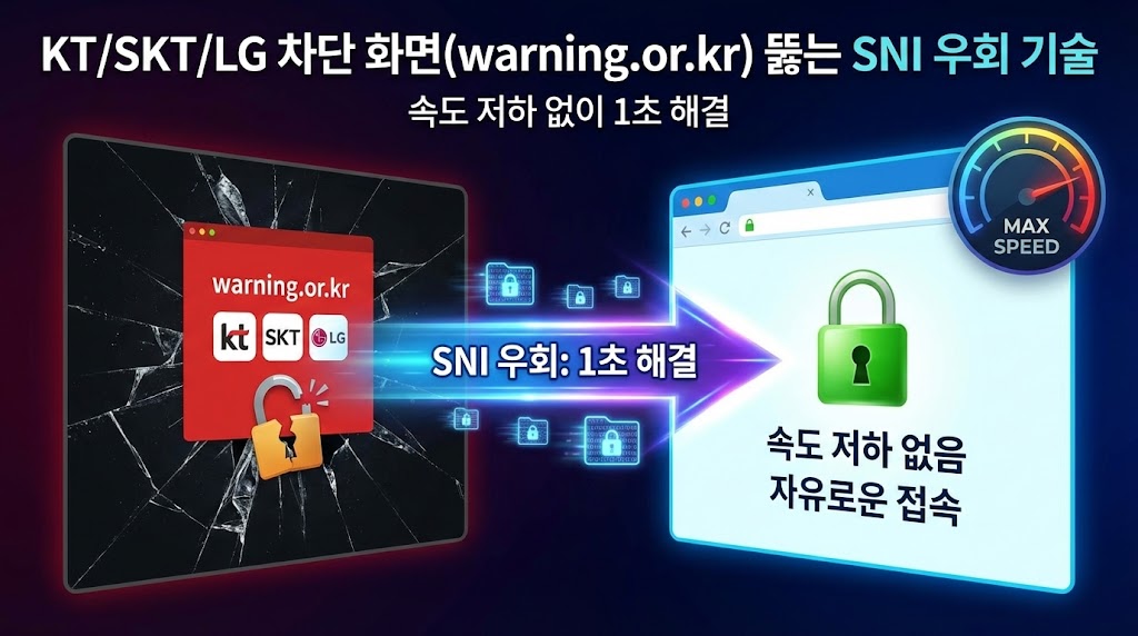 KT/SKT/LG 차단 화면(warning.or.kr) 뚫는 SNI 우회 기술: 속도 저하 없이 1초 해결