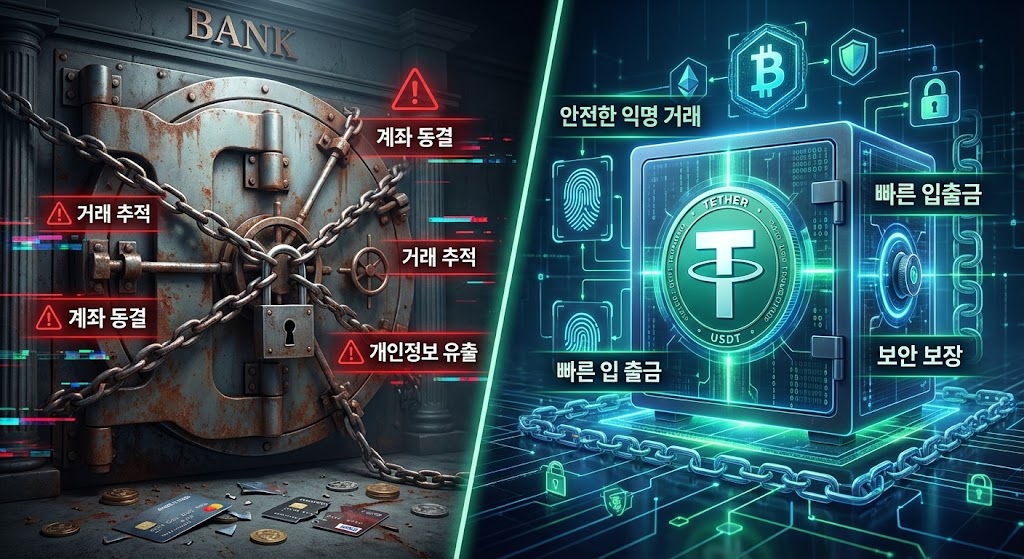 왼쪽에는 '계좌 동결', '거래 추적' 경고 문구와 함께 쇠사슬로 굳게 잠긴 낡은 은행 금고가 있고, 오른쪽에는 '안전한 익명 거래', '보안 보장' 문구와 함께 디지털 금고 안에서 빛나는 테더(USDT) 로고가 대비된 일러스트. 기존 은행 이체의 위험성과 암호화폐 입출금의 안전성을 비교하고 있다.