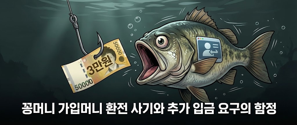 '3만원' 꽁머니 미끼가 걸린 낚싯바늘을 물려는 사용자(물고기)와 '꽁머니 가입머니 환전 사기와 추가 입금 요구의 함정'이라는 경고 문구가 담긴 웹 배너 이미지.