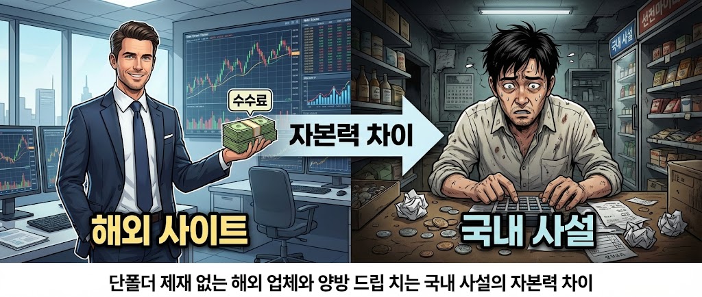 해외 안전 배팅 사이트의 막대한 자본력(왼쪽, 성공한 트레이더)과 국내 사설 토토 업체의 열악한 재정 상태(오른쪽, 곤경에 빠진 주인)를 대비하여 보여주는 일러스트레이션.