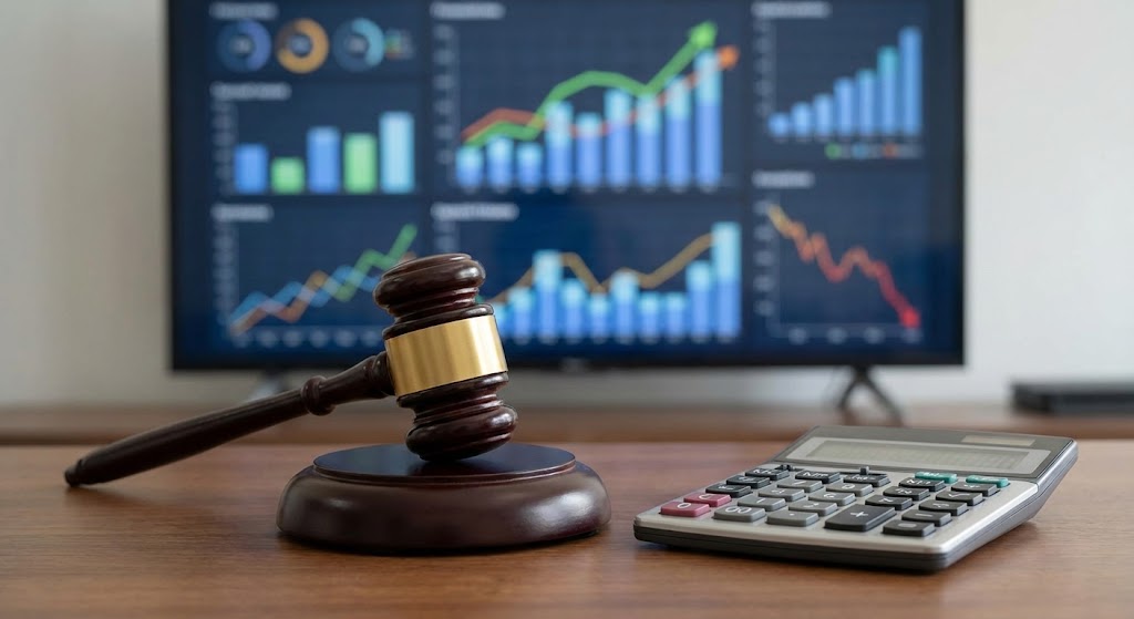 법정의 판사봉과 계산기가 나란히 책상 위에 놓여 있고, 배경의 흐릿한 모니터에는 다양한 금융 데이터 그래프와 차트가 표시된 이미지. 이는 도박 사건의 법적 판단에 입출금 내역 등 객관적인 금융 데이터 분석이 중요하게 활용됨을 상징한다.