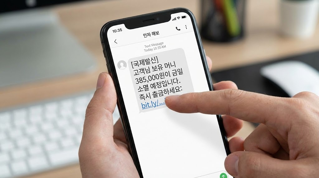 아이폰 화면 속 '[국제발신] 보유 머니 소멸 예정' 스미싱 문자 내 악성 링크를 손가락으로 클릭하려는 순간