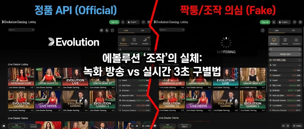 '에볼루션 조작의 실체: 녹화 방송 vs 실시간 3초 구별법'이라는 텍스트가 중앙에 배치된 분할 이미지. 왼쪽은 파란색으로 표시된 선명한 '정품 API(Official)' 에볼루션 로비 화면이고, 오른쪽은 빨간색으로 표시된 흐릿하고 버퍼링이 걸린 '짝퉁/조작 의심(Fake)' 사이트 화면이다. 두 화면의 화질과 상태를 대비시켜 가짜 사이트의 특징을 보여준다.
