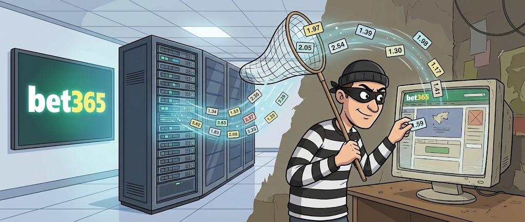 왼쪽의 깨끗한 Bet365 서버실에서 배당률 숫자가 흘러나오고, 오른쪽의 허름한 방에서 도둑 복장을 한 캐릭터가 잠자리채로 이 숫자들을 훔쳐 낡은 컴퓨터 모니터의 가짜 웹사이트에 붙여넣고 있는 인포그래픽.