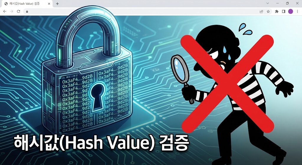 웹 브라우저 화면 배경에 해시 코드가 새겨진 파란색 자물쇠 아이콘이 있고, 그 옆에 돋보기로 훔쳐보려는 도둑(픽스터) 일러스트 위에 커다란 빨간색 X 표시가 되어 있다. 하단에 "해시값(Hash Value) 검증"이라는 흰색 텍스트가 적혀 있다.