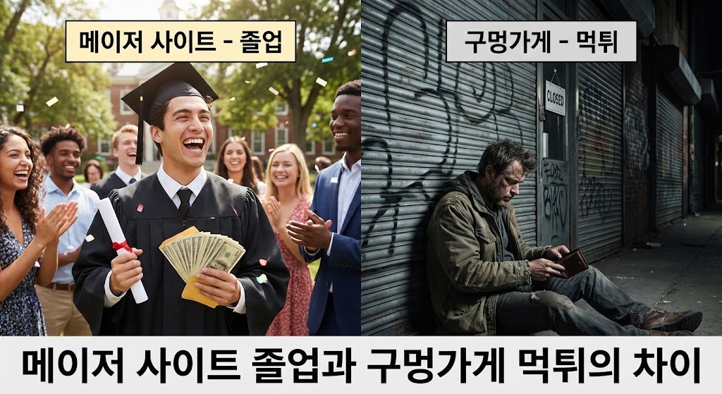 메이저 사이트 졸업의 기쁨과 구멍가게 먹튀 피해의 비참한 결말 비교 일러스트