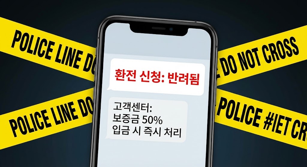 스마트폰 메시지 화면에 빨간색 글씨로 "환전 신청: 반려됨"과 그 아래 "고객센터: 보증금 50% 입금 시 즉시 처리"라는 내용이 떠 있고, 배경에는 노란색 경찰 경고 테이프가 X자로 쳐져 있는 이미지.